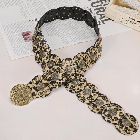 Women Vintage Disc Waist Concho Leather Belt Boho Waist Belt Leopard Bronze main image 7